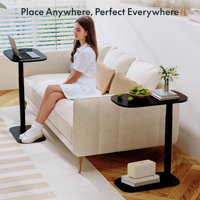FLEXISPOT Adjustable C Table with Wheels, Mobile Snack Side End Table Sofa Couch Bedside Table Laptop Cart TV Tray Night Stand Small Space Side Table(23.6" W x 13.8" D,Black)
