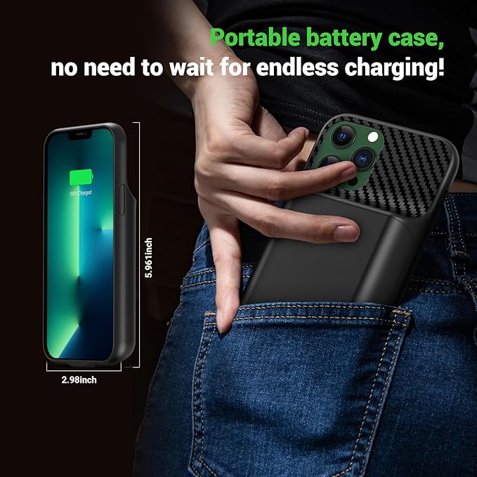 13800mAh High Capacity Battery Case for iPhone 14, for iPhone 13, 13 Pro (6.1 inch), 2025 Upgraded Battery Pack Rechargeable Charger External Charging Case w/Tempered Glass Screen Protector Black