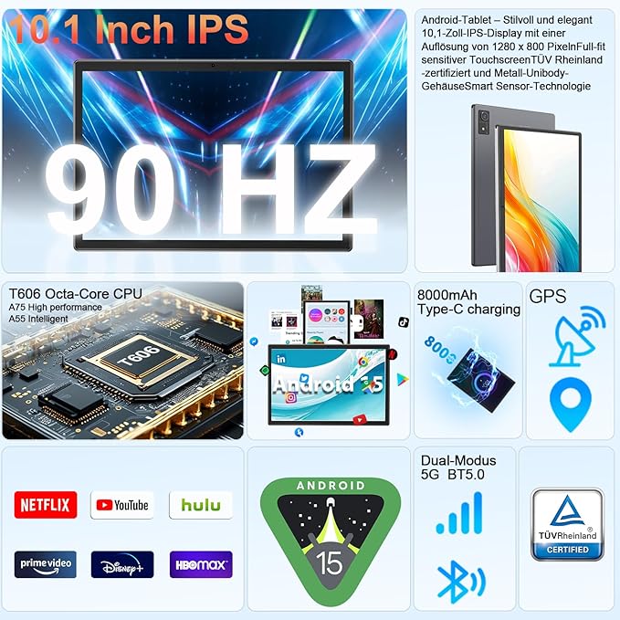 Android 15 Tablet with Keyboard, 16GB（8+8）RAM+256 Storage(Expand to 2TB), 8000mAh Battery, Widevine L1,10 Inch 2-in-1 Tablets with 5G/2.4G WiFi, BT5.0, GMS Certified, with Mouse, Case, Stylus（Black）