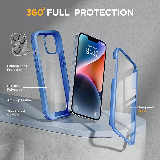 Miracase Glass Series for iPhone 14 Case 6.1 inch, [Built-in Tempered Glass Screen Protector] [Bubble Free] Full-Body Protective Bumper Phone Case with Camera Lens Protector, Blue