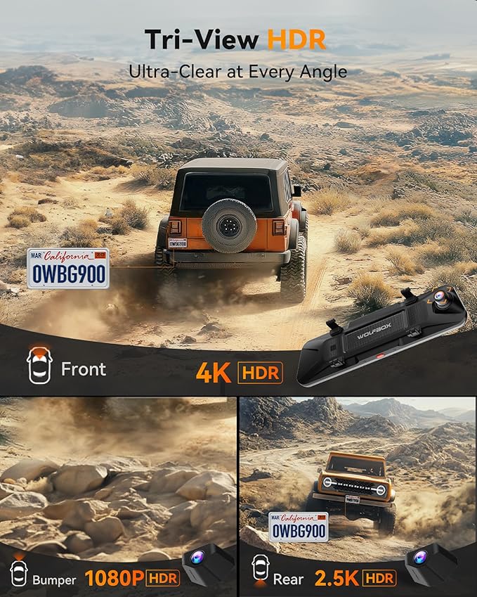 WOLFBOX G900 Tripro Bumper Version 3 Channel 4K Mirror Dash Cam, STARVIS 2 IMX678 Night Vision, 4K+2.5K+1080P Front and Rear Bumper Dash Cam, 5.8GHz WiFi, Voice Control, Includes 256GB Card & GPS