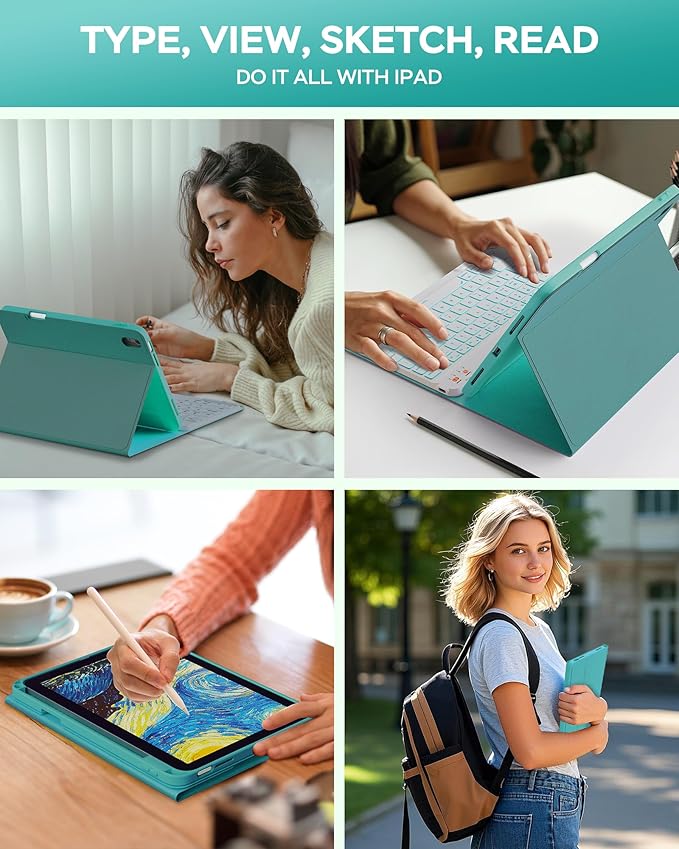 Folio Keyboard Case for iPad 10th Gen 10.9 inch (2022) and iPad 11th (A16, 2025), Magnetic Wireless Detachable Keyboard, 7-Color Backlight, Thin & Light, Pencil Holder (Cyan)