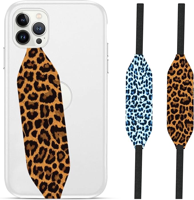 Phone Grip Strap - Reversible Finger Holder for Phone Back, Customizable Anti-Slip Design, Wireless Charging Compatible Detachable Holder for iPhone - Blue & Gold Cheetah