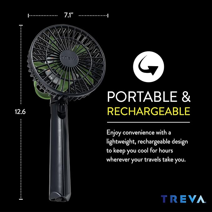 Treva 5 Inch Tripod Fan with Built-In Light and Attachable Phone Mount, Rechargeable 3-Speed Mini Fan with Handle for Travel, Camping, Outdoors