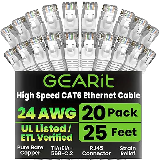 GEARit Cat 6 Ethernet Cable (20-Pack 25 Feet) Cat6 Network Patch, 10Gbps, RJ45, Snagless Cord, Gold-Plated Connectors, Internet for PC, TV, Tablet, Router, Printer, Servers, IT Data Center - White