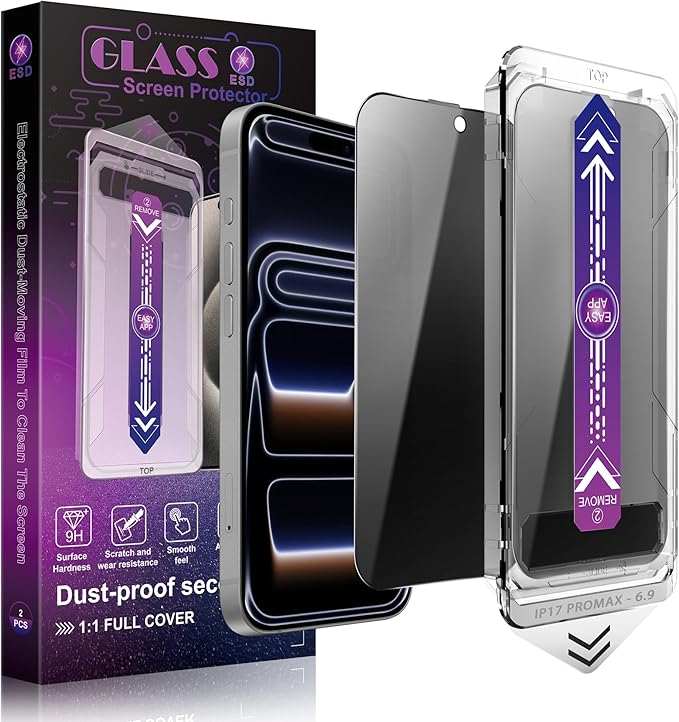 Privacy Screen Protector for iPhone 17 Pro Max 6.9-Inch, Auto Dust Removal, 9H Tempered Glass, Full Cover, Anti-Fingerprint, Easy Installation,2 Pack