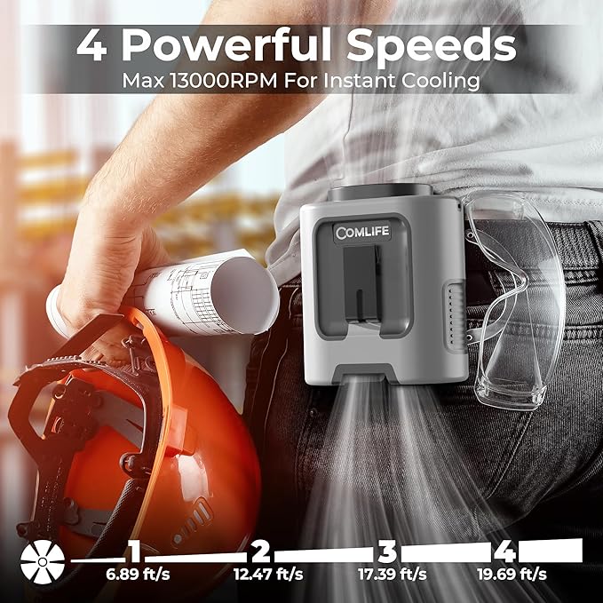 COMLIFE Portable Mini Waist Fan - Rechargeable Clip on Wearable Belt Fan, Max 25H Cooling,4 Speeds 13000RPM Turbo Hands-Free Under-Shirt Neck Fan for Outdoor Jobsite Camping Traveling