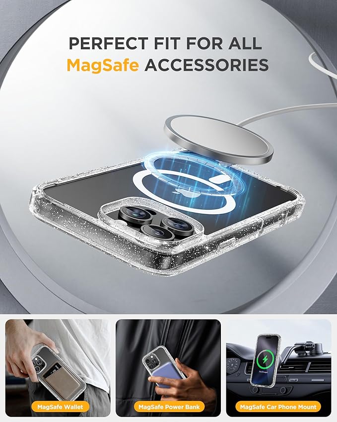 Miracase Magnetic for iPhone 16 Pro Case Full-Body Phone with Built-in Glass Screen Protector, [Compatible with MagSafe] Military Drop Proof 16 Pro Cover Bumper 6.3 inch, Clear Glitter
