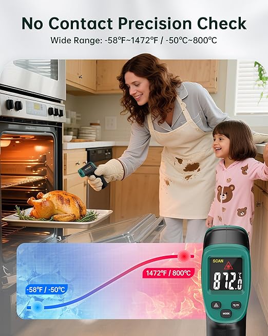 ERICKHILL ROOKMAX Infrared Thermometer Gun, Non-Contact Laser, Adjustable Emissivity, Color LCD, -58°F to 1472°F (-50°C to 800°C), for HVAC, Cooking & BBQ, Automotive, Freezer - Dark Green