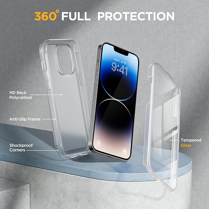 Miracase Glass Series Designed for iPhone 14 Pro Max Case 6.7 Inch, Upgrade Full-Body Bumper Case with Built-in 9H Tempered Glass Screen Protector, with Camera Lens Protector, Matte Clear