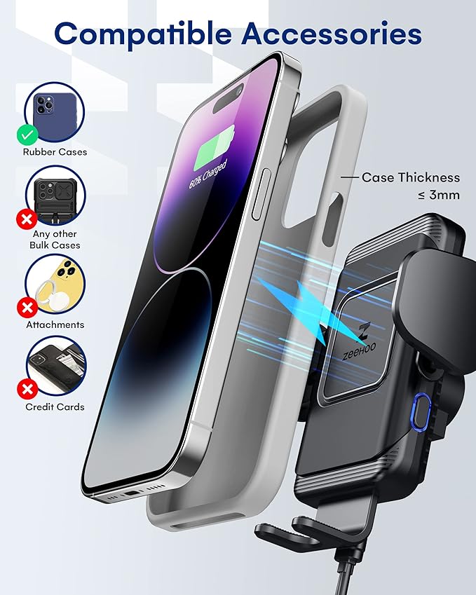 ZeeHoo Wireless Car Charger,15W Fast Charging Auto-Clamp Car Mount,Windshield Dash Air Vent Phone Holder for iPhone 14 13 12 Mini 11 Pro Max XS XR 8,S22 S21 S20(45W QC3.0 Adapter Included)