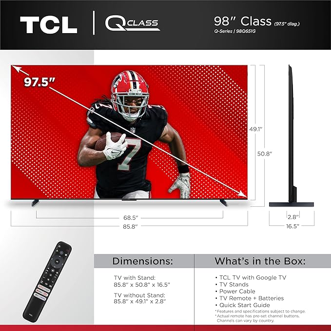 TCL 98-Inch Q65 QLED 4K UHD Smart TV with Google TV (98Q651G, 2024 Model) Dolby Vision, Dolby Atmos, HDR Pro+, Game Accelerator Enhanced Gaming, Voice Remote, Works with Alexa, Streaming Television
