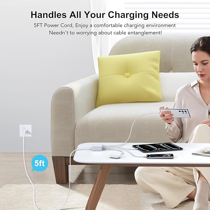USB C Fast Charger, 100W GaN 6 Port Type C Charging Station Hub Block Cube, USB C Wall Charger Power Strip Adapter Plug for iPad iPhone 16 15 14 13 12 Pro Max Pixel Note Galaxy, 5ft Cord