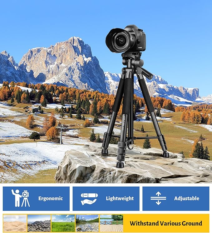 JOILCAN Tripod for Camera, 67" Heavy Duty Camera Tripod, Phone Tripods for Video Recording Photo Vlog, Aluminum Tripods with Holder & Travel Bag for Cameras DSLR iPhone Projector Laser