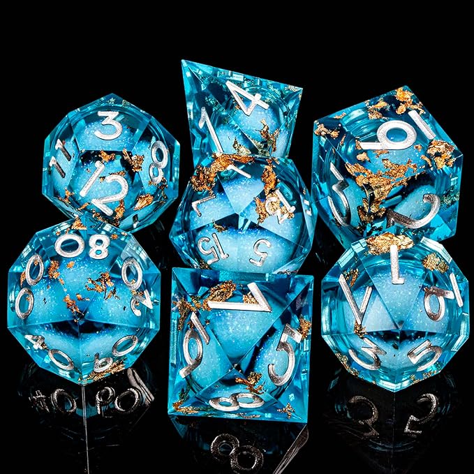 DND Dice Blue Liquid Core Dice Set with Metal Box, Handmade Sharp Edge D and D Polyhedral Dice for use with RPG D&D Role Playing Game