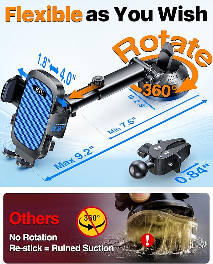 HTU 2025 Best Car Phone Holder 【Ultimate 5-in-1 & Upgraded 100+LBS Strongest Suction】【True Military-Grade & Safety Cert】 360° Windshield Dashboard Vent Mount Stand for iPhone Android & Truck, Blue