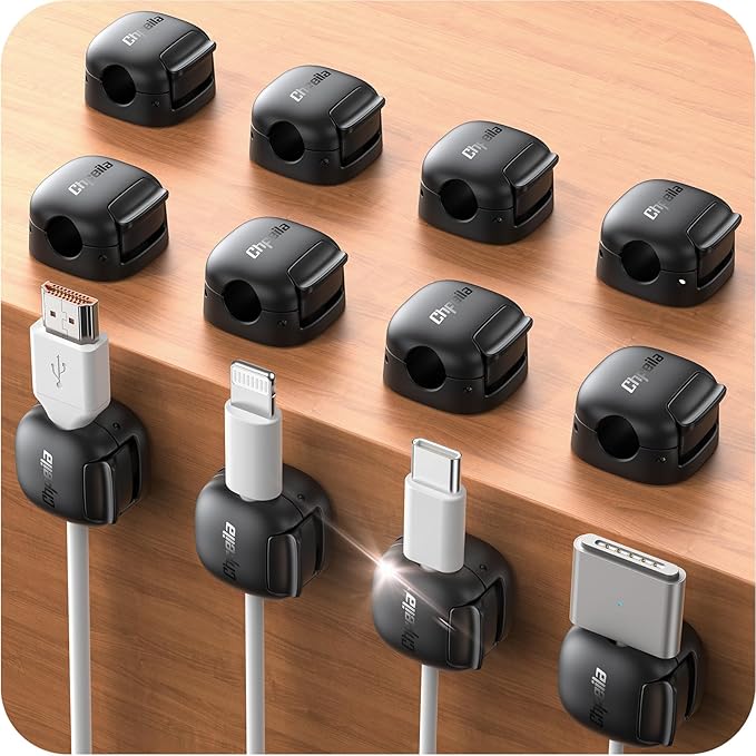 12Pack Cord Organizer - Chfeila [Dual Spring & Clasp Lock] Cable Management Clips, Adhesive Phone Charger Keeper, Compact Wire Holder for Nightstand/Car, Home Office Desk Accessories Decor Essentials