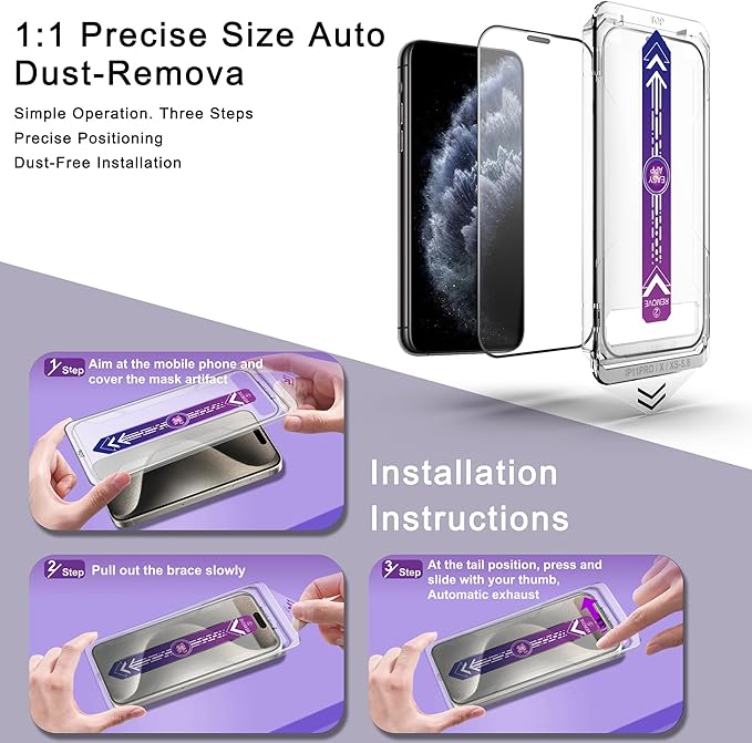 2 Pack Screen Protector for iPhone X/iPhone XS/iPhone 11 Pro, 9H Tempered Glass, Full Coverage, Anti-Fingerprint, Auto Dust-Elimination, No Bubble, Easy Installation