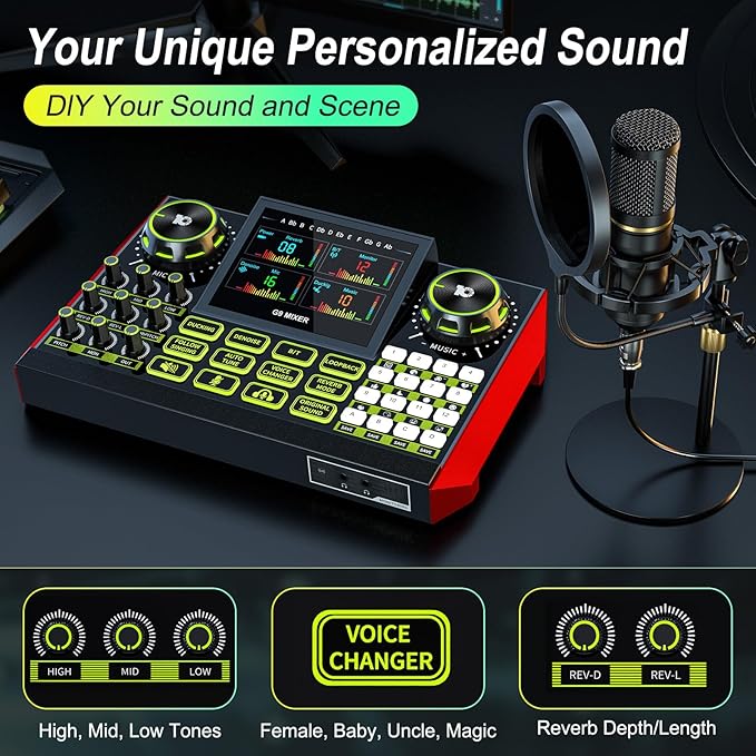 Podcast Microphone Bundle with Live Sound Card Audio Mixer, Podcast Equipment Bundle Sound Board with 3.5mm Condenser Microphone for Pc/Phone Live Streaming Singing Gaming,Voice Changer, Denoise