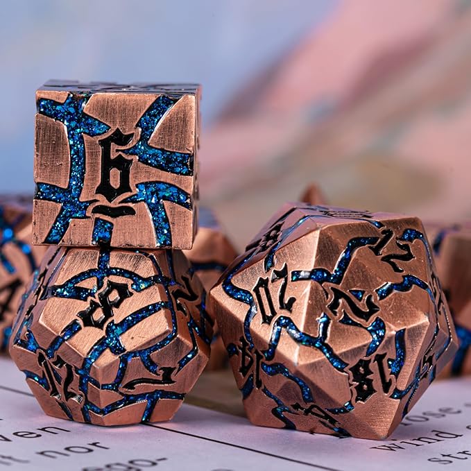 Dice Set D&D Dungeons and Dragons Dice D20 Metal DND Dice Set with Box, Polyhedral Role Playing Dice D12 D10 D% D8 D6 D4 for MTG RPG Board Games(Antique Copper Bright Blue)