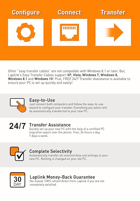 LAPLINK Easy Transfer Cable for Windows, Includes PCmover Express Software and USB 3.0 PC to PC Cable, Single Use License, Transfers Files, Settings, and User Profiles. Compatible with Windows 11