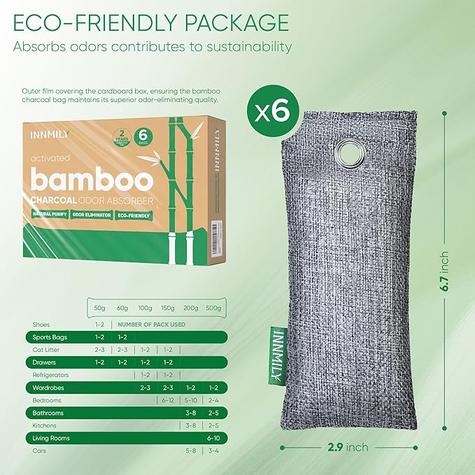 Activated Charcoal Odor Absorber, 6 Pack Natural Shoe Odor Eliminator, Bamboo Charcoal Air Purifying Bags, Sneaker Deodorizer and Moisture Absorbers for Clean Footwear, Shoe Odor Remover