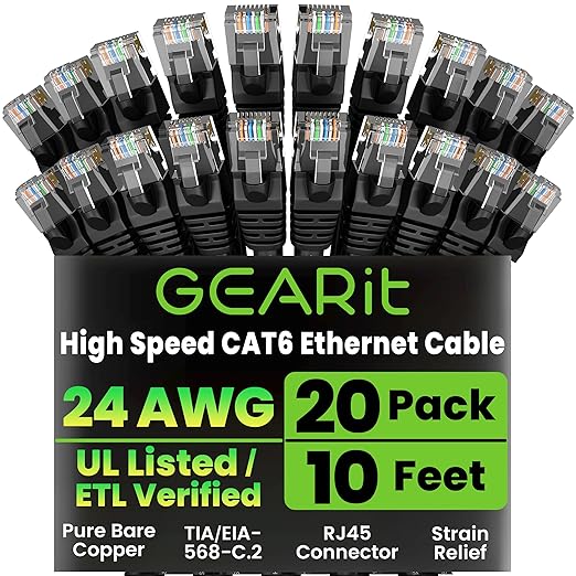 GearIT Cat 6 Ethernet Cable Pack - 20-Pack 10 ft Cat6 Ethernet Patch Cables | RJ45 Network Patch Cable, 10 Gbps Snagless Gold-Plated Connectors - Ethernet Cable Cat 6 for PC, TV, Router - Black