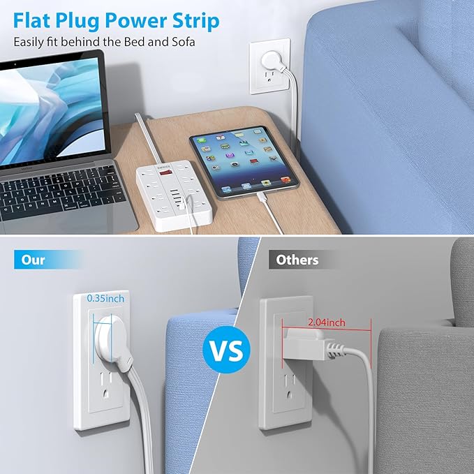 Power Strip Surge Protector, SMNICE Flat Plug Long Extension Cord 10 Ft with 8 Widely Spaced Outlets 6USB(1 USB C) Charging Station, Wall Mount for Dorm Home, Office Accessories,White