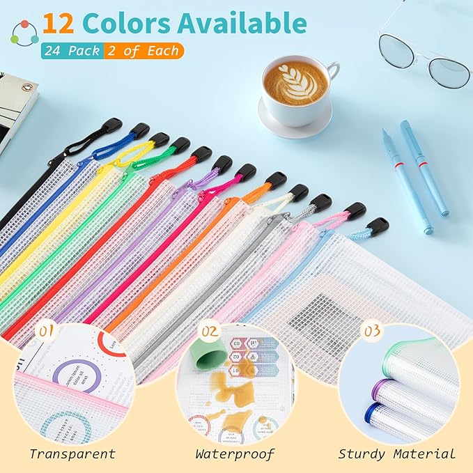 Umriox 24 Pack 12 Colors Zipper Pouches for Organizing, Letter Size, A4 Size, Zipper Bags for Puzzles & Board Game Storage, Office Supplies Travel Toiletries