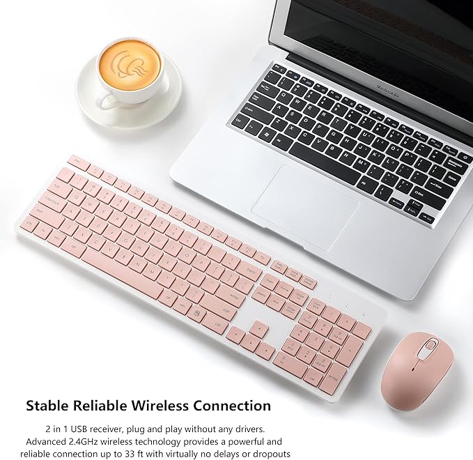 Wireless Keyboard and Mouse Combo, 2.4G Silent Cordless Keyboard Mouse Combo for Windows Chrome Laptop Computer PC Desktop, 106 Keys Full Size with Number Pad, 1600 DPI Optical Mouse (Pink)