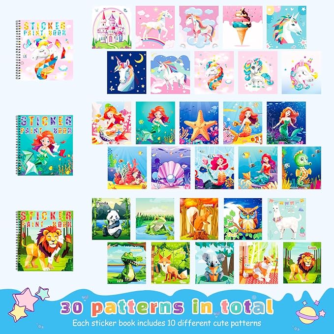 homicozy 3PCS Sticker Paint Books for Kids Ages 4-10,Unicorn Mermaid Animals Designs Paint by Stickers,Sticker by Numbers,Party Birthday Gifts for Girls 4-10,Create 30 Pictures One Stickers at A Time