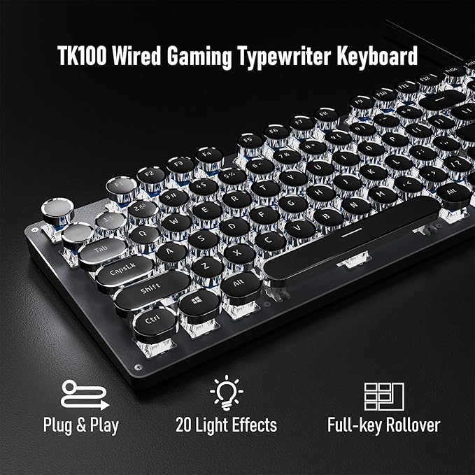 EWEADN TK100 Typewriter Keyboard Wired Mechanical Keyboard, 104 Keys Aesthetic Typewriter Keyboards with White Backlit, Anti-Ghosting, Blue Switch Wired Cute Keyboards-Black