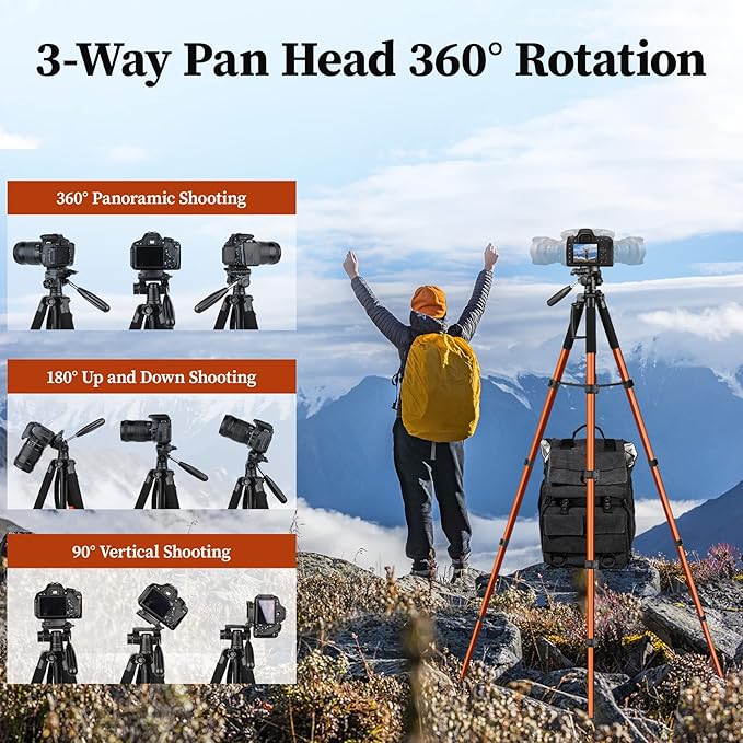 JOILCAN Tripod Camera Tripods, 74" Tripod for Camera Cell Phone Video Photography, Heavy Duty Tall Cameras Tripod Stand, Professional Travel DSLR Tripods Compatible with Canon iPhone, Max Load 15 LB
