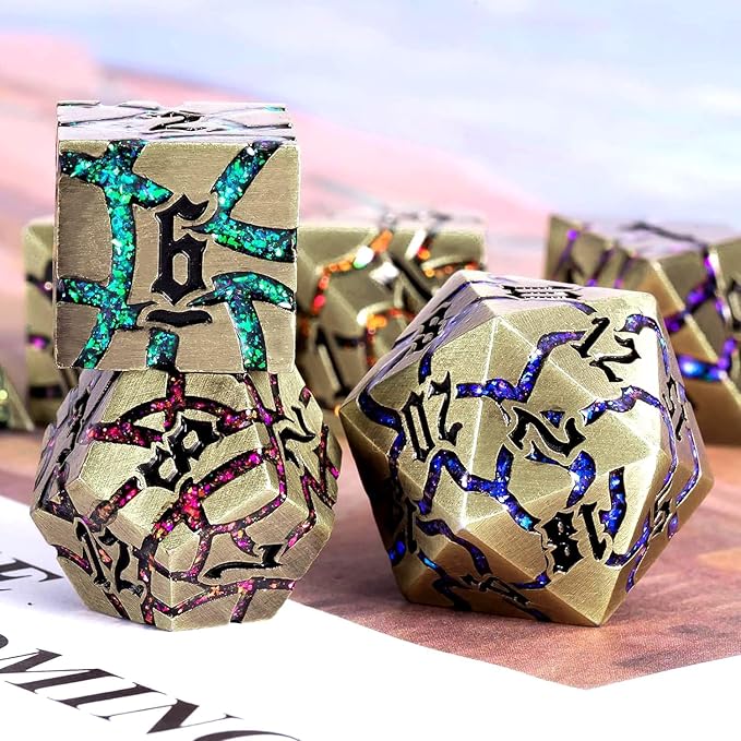 Metal DND Dice Set, 7PCS Polyhedral D&D Dice Set,Glitter Crack Dice Set for Dungeons and Dragons Role Playing Game(Antique Blue 7 Colors)