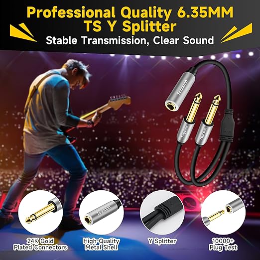 2-Pack 1/4 inch TS Mono Splitter Y Adapter, 6.35mm Mono Female to Dual 6.35 mm TS Mono Male Jack, Quarter inch Audio Speaker Splitter Converter Cable 1 Feet, Gold Plated Connectors