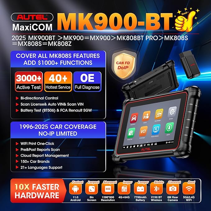 Autel Scanner MaxiCOM MK900BT, 2025 MK900-BT V2.0 Bidirectional Diagnostic Tool, 8in Up of MK900 MX900 MK808S MK808BT MX808S MK808Z, 3000+ Active Tests, 40+ Service, CAN-FD&DOIP, All System, FCA 11 OS