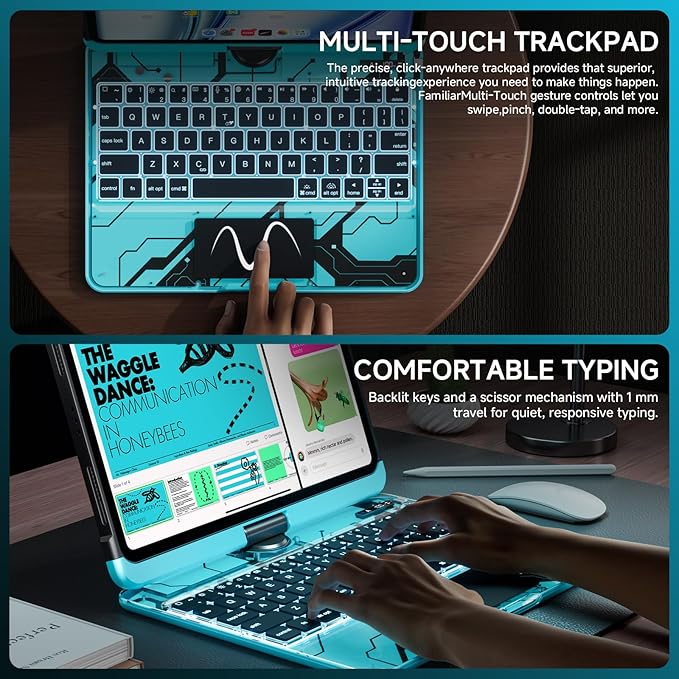 Transparent Case with Keyboard for iPad 11th Gen 11-in.(A16, 2025) & 2022 iPad 10th Gen 10.9-in,7-Color Backlit,Wireless Keyboard, 360°Rotating,with trackpad,Pencil Holder,with Shortcuts,Blue