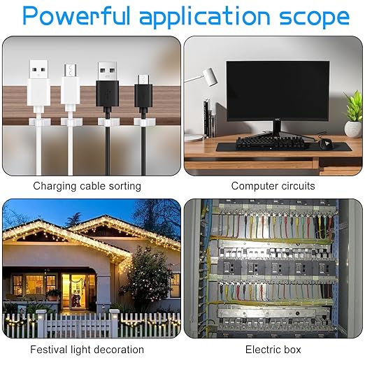 XHF 100pcs Adhesive Cable Wire Clips White, Outdoor Cable Management Wire Organizer Cord Holder for Under Desk, Car, Wall, TV PC Ethernet Cable