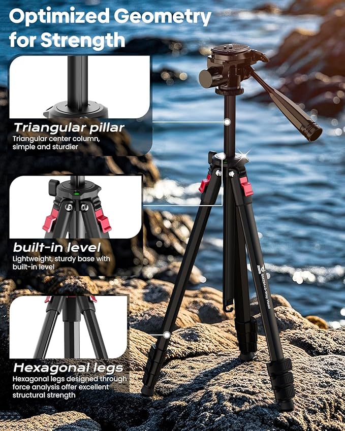 68" Lightweight Camera Tripod Stand, Compact Portable Travel Aluminum Tripod for DSLR/SLR, Compatible with Canon/Nikon/Phone (Supports 8.8 lbs, Weighs 2.46 lbs) Black