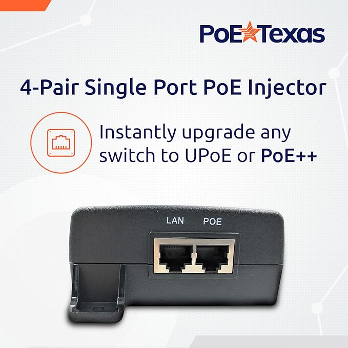 Poe Texas 60 watt PoE Injector - 802.3bt PoE++ Single Port 4-Pair Power Over Ethernet Injector - Active PoE Adapter with 55V 60W Output - 10/100/1000 Gigabit Data - Mode A/B Wall Mount Plug & Play