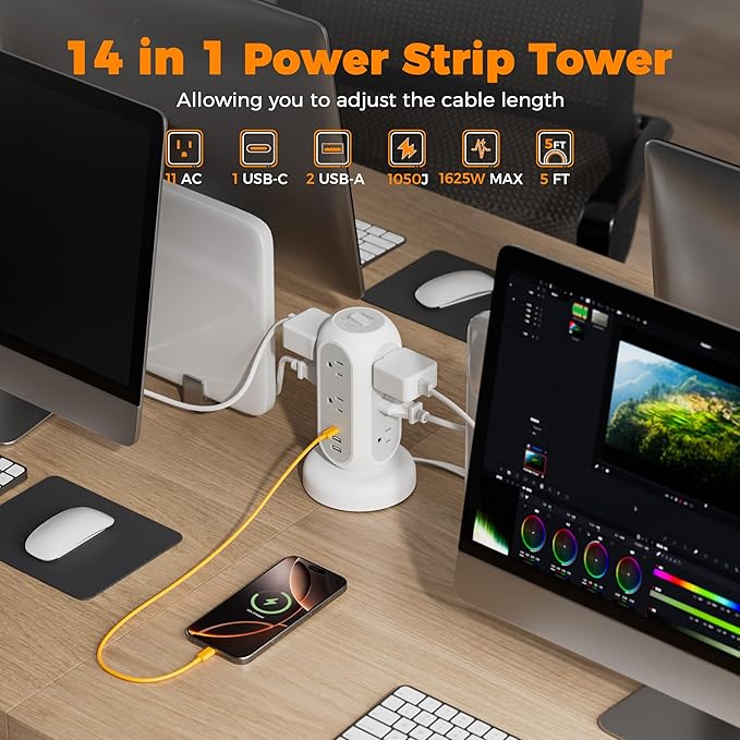 Surge Protector Power Strip Tower, TESSAN 5 FT Retractable Extension Cord with Multiple Outlets, 11 Outlets with 3 USB (1 USB C) Charging Station, 1050J, Office Desk Supplies, Dorm Essentials