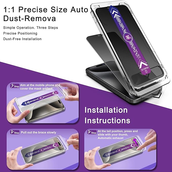 2 Pack Matte Privacy Screen Protector for iPhone 14 Pro/iPhone 15 / iPhone 16, 9H Tempered Glass, Full Coverage, Anti-Fingerprint, Auto Dust-Elimination, No Bubble, Easy Installation