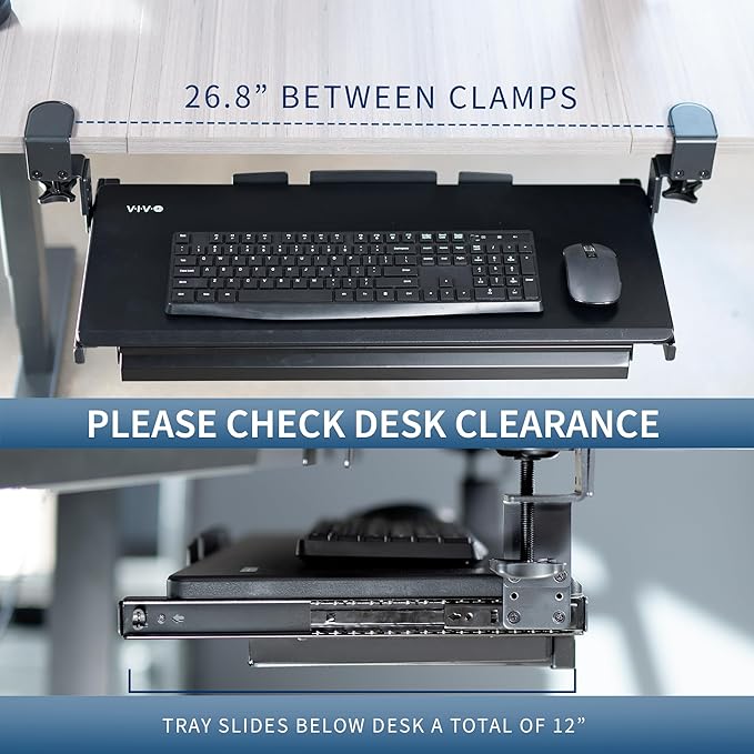 VIVO Large Height Adjustable Clamp-on Keyboard Tray, Extra Sturdy Pull Out Platform with Storage Drawer, 27 (33 Including Clamps) x 11 inch Slide-Out Tray with Organizer, Black, MOUNT-KB05HB-DR