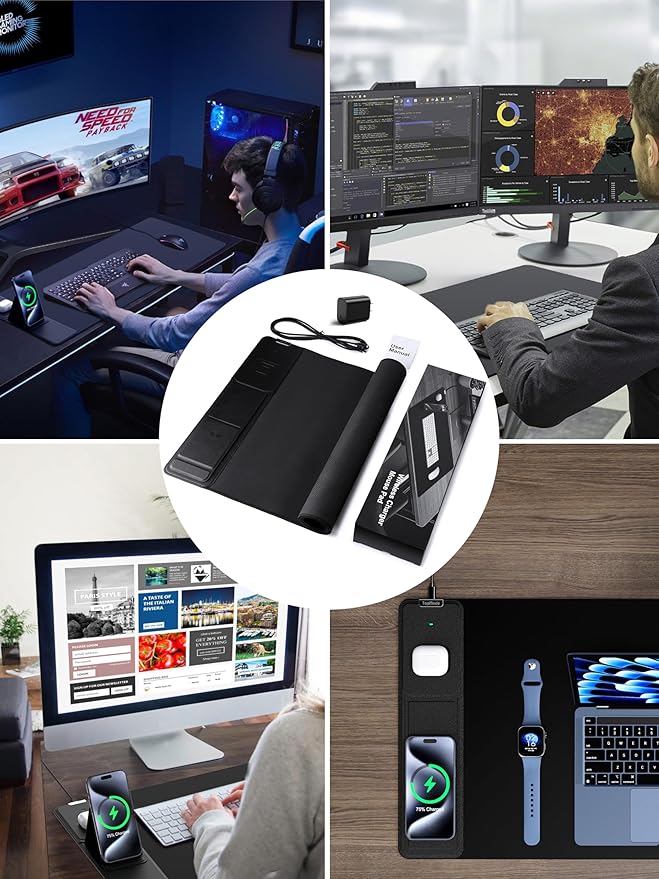 TopMade Mouse Pad with 15W Wireless Charging & Phone Holder, 31.5" x 15.75" XXL Large Desk Pad, Waterproof Gaming Mousepad Home Office Desk Mat (Includes 20W PD Power Adapter & 6.56ft Woven Cable)