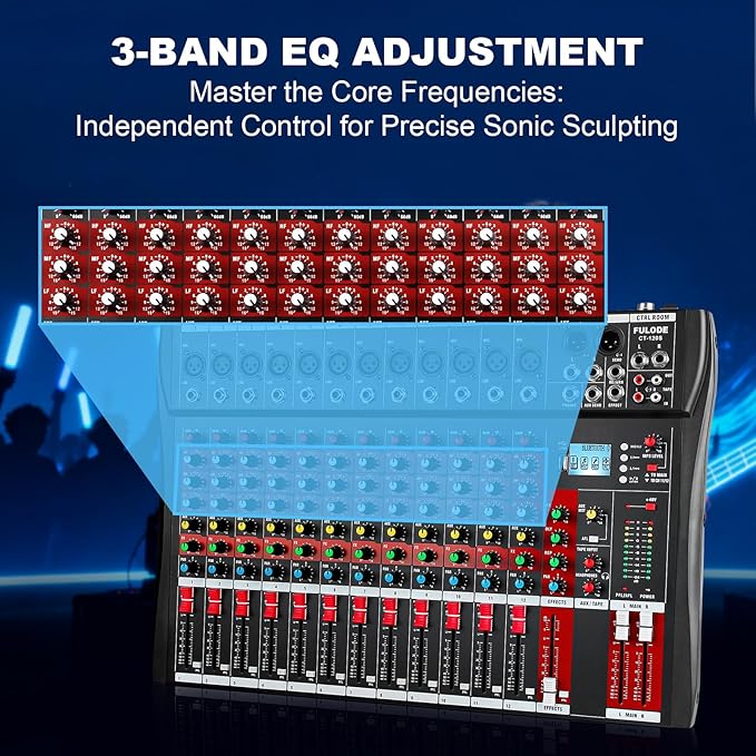12 Channel Audio Mixer, Professional Music Mixer Board DJ Mixing Console with Bluetooth, USB/MP3 Player, Reverb, and 48V Phantom Power for Studio Recording, Karaoke, and Live Performances