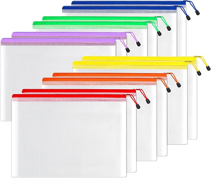 SUNEE 12pcs Mesh Zipper Pouch 11x16, Large Storage Bags for Board Game & Puzzle Organizing, Reusable Plastic Zip Organizer for Travel (A3, 6 Colors)