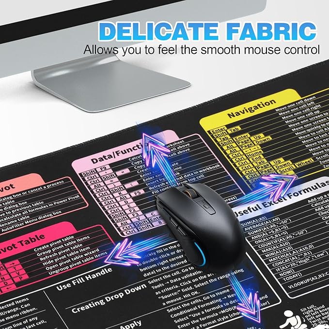 Linoows Excel Shortcut Keys Mouse Pad, Extra Large 31.5 x 11.8 Inch Gaming Mouse Mat, PC Spreadsheet Keyboard Mousepad, Waterproof Non-Slip Desk Pad with Stitched Edge
