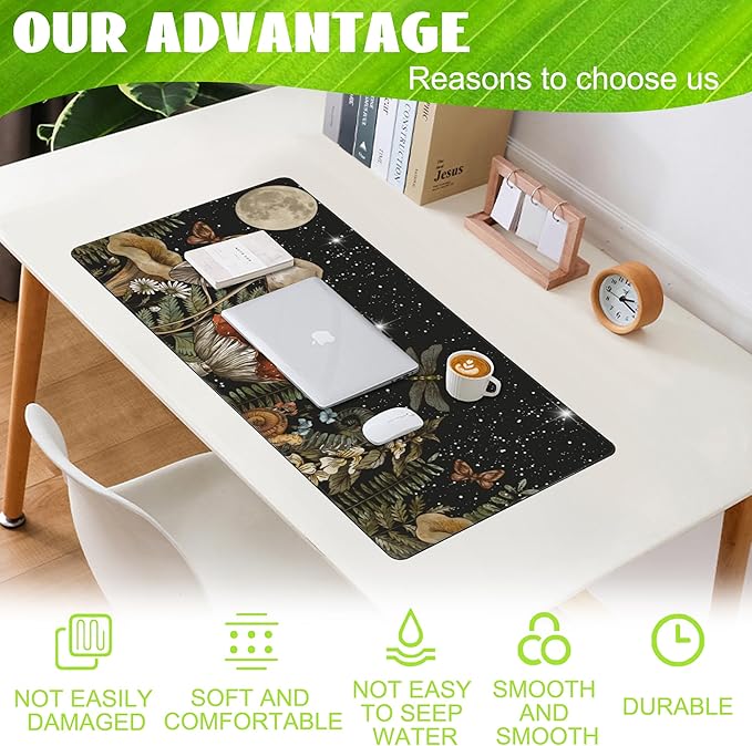 Large Gaming Mouse Pad for Desk,Cute Forest Mushroom Desk Mat,Starry Night Mushroom Desk Pad,Extended Big Computer Keyboard Mouse Pad with Non-Slip Base and Stitched Edge,35.4"x15.7"