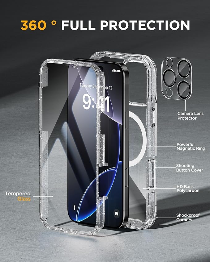 Miracase for iPhone 16 Pro Max Case 6.9'', [Bubble Free] Full-Body Bumper Phone case with Built-in Full Glass Screen &Lens Protector,Compatible with MagSafe,Drop Proof 16 Pro Max Cover,Clear Glitter