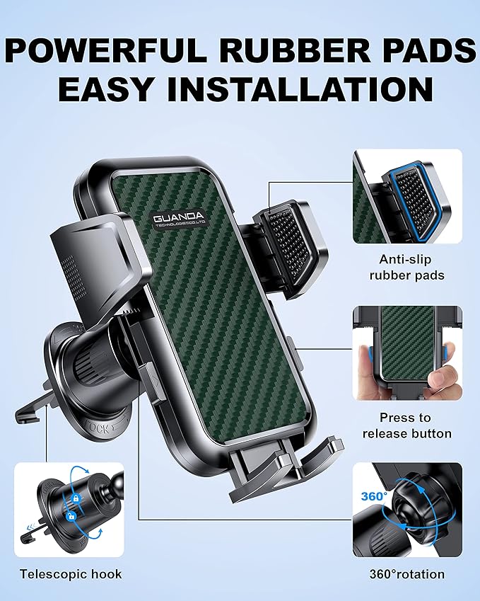 [2025 New] Car Vent Phone Mount, [Upgrade Hook Clip Never Shake] Adjustable 360 Rotation Vent Clip Car Phone Holder Mount, Big Phone & Thick Case Friendly Fit for All iPhone, Samsung & Cell Phone